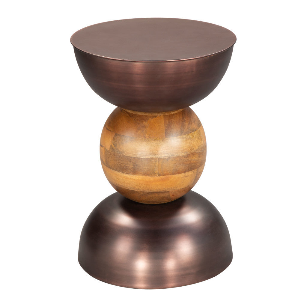 20" Bronze and Brown Iron and Solid Wood Round Pedestal End Table-End-Side Tables-DECOROLALA
