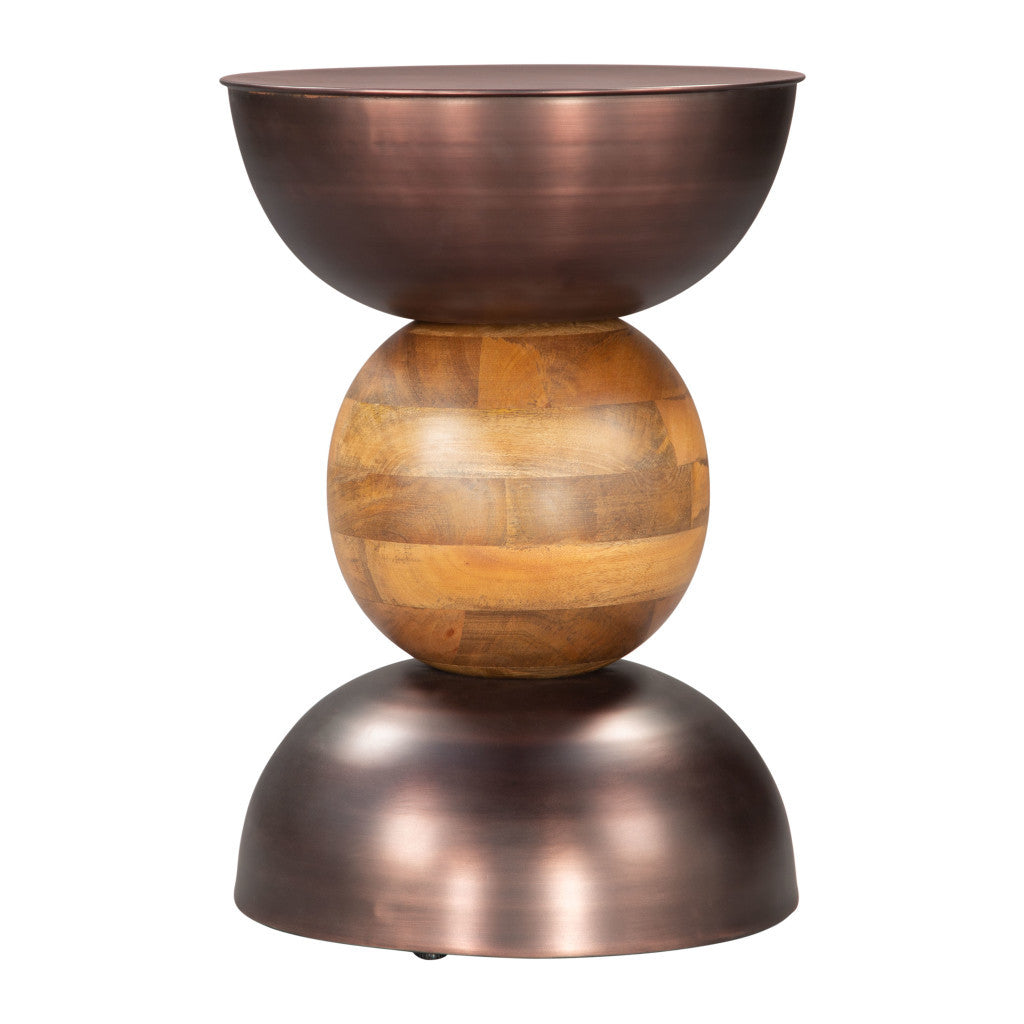 20" Bronze and Brown Iron and Solid Wood Round Pedestal End Table-End-Side Tables-DECOROLALA