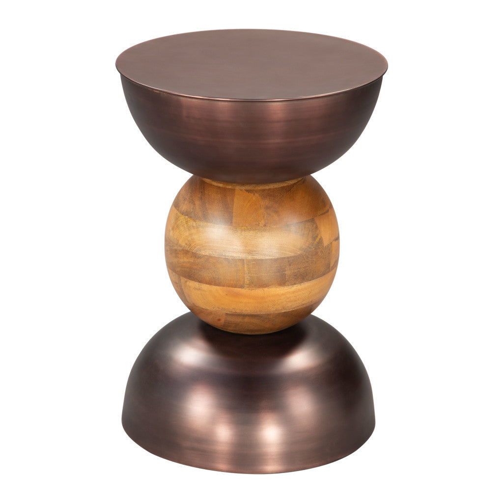 20" Bronze and Brown Iron and Solid Wood Round Pedestal End Table-End-Side Tables-DECOROLALA