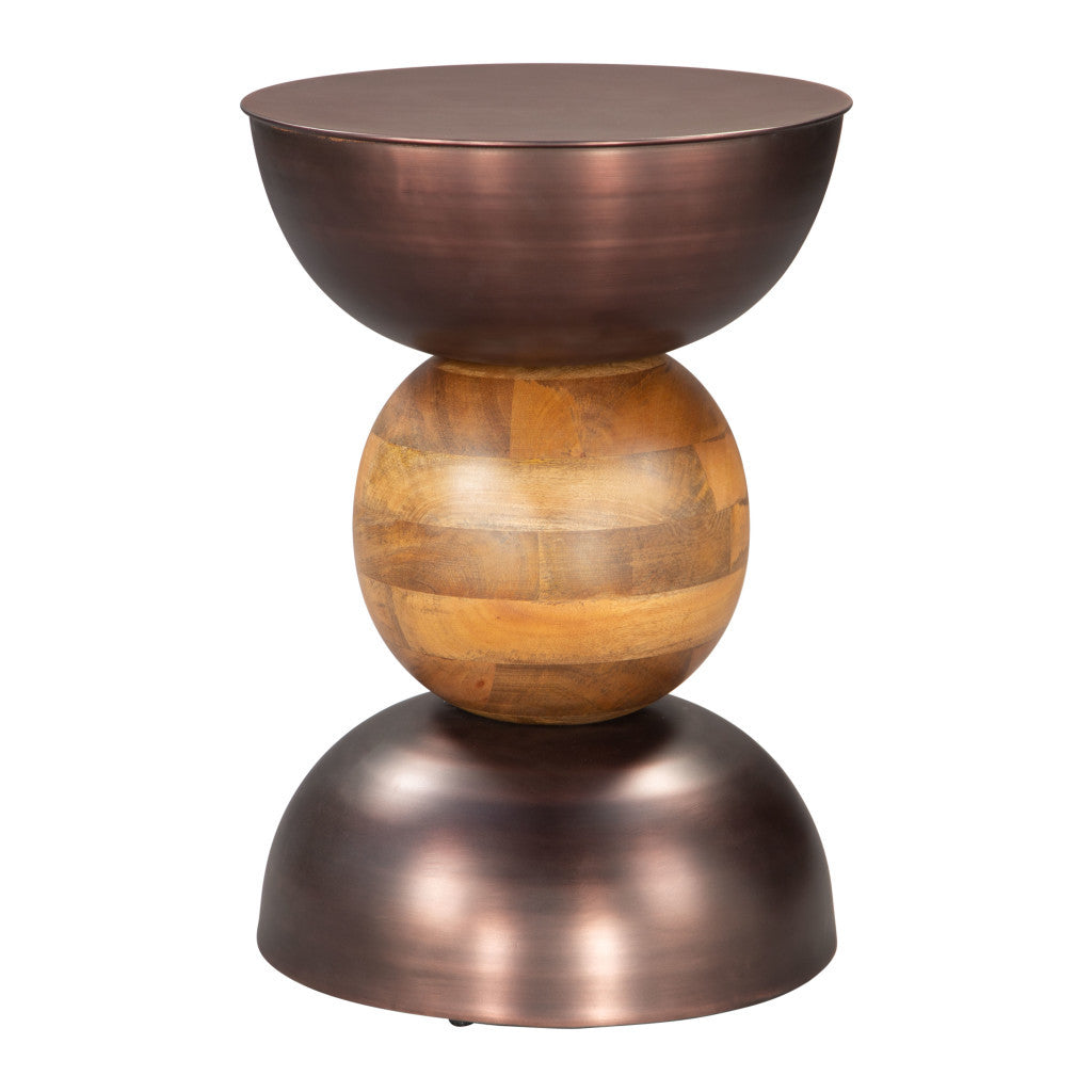 20" Bronze and Brown Iron and Solid Wood Round Pedestal End Table-End-Side Tables-DECOROLALA