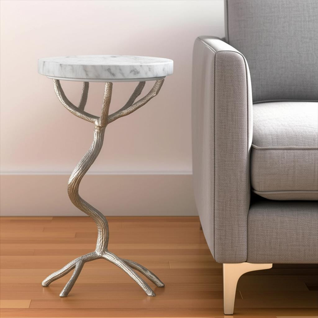 22" Silver And White Marble Round End Table-End-Side Tables-DECOROLALA