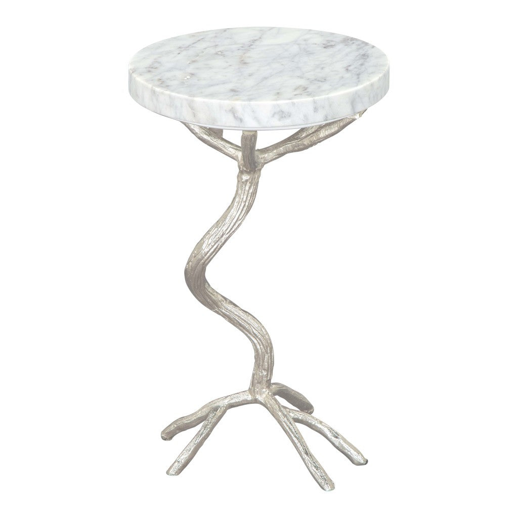 22" Silver And White Marble Round End Table-End-Side Tables-DECOROLALA