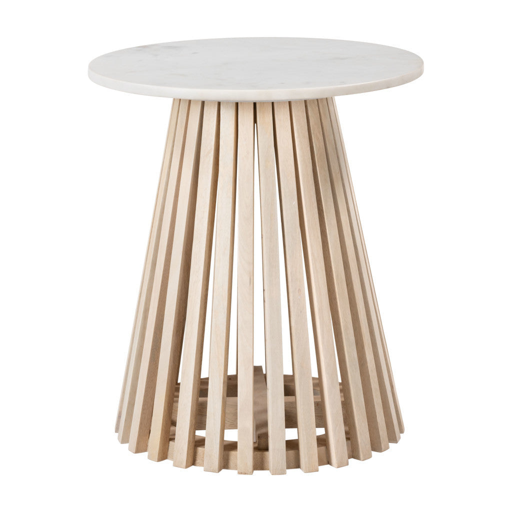 20" White and Natural Distressed Marble and Solid Wood Round Pedestal End Table-End-Side Tables-DECOROLALA