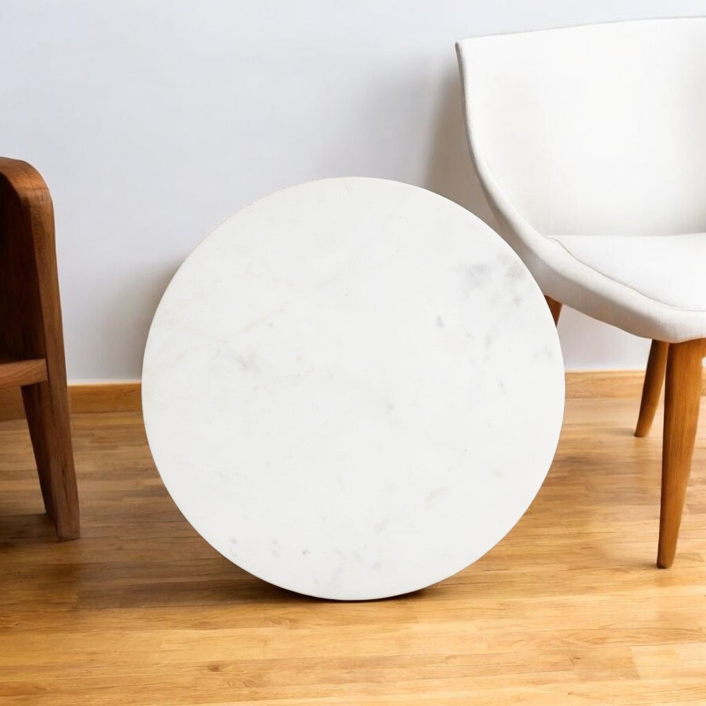 20" White and Natural Distressed Marble and Solid Wood Round Pedestal End Table-End-Side Tables-DECOROLALA
