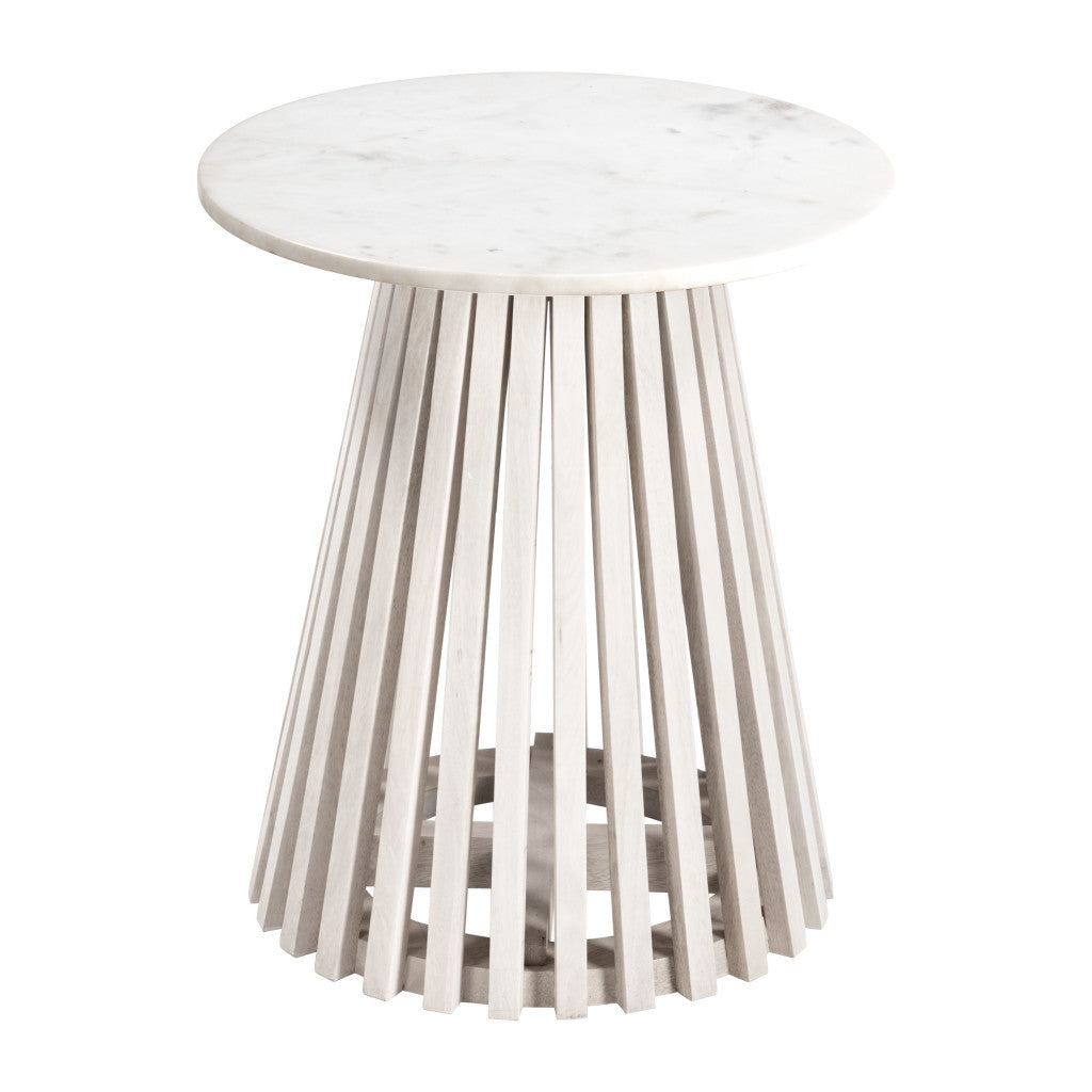 20" White and Natural Distressed Marble and Solid Wood Round Pedestal End Table-End-Side Tables-DECOROLALA