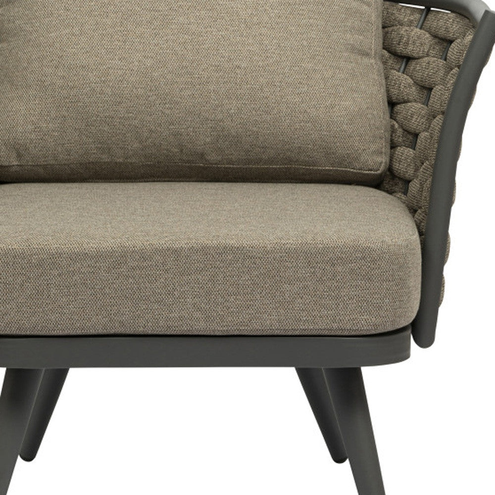 32" Gray And Taupe Woven Aluminum Outdoor Arm Chair with Taupe Cushion-Outdoor Chairs-DECOROLALA