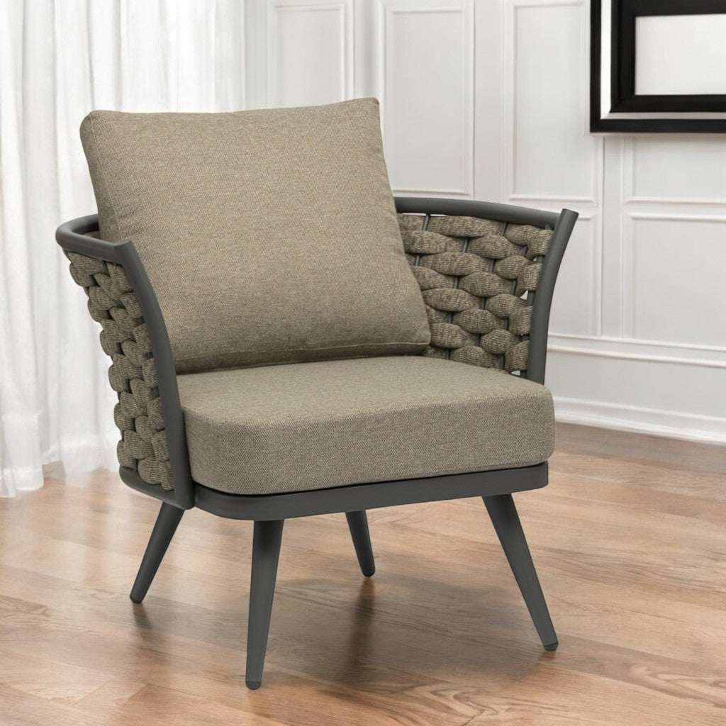 32" Gray And Taupe Woven Aluminum Outdoor Arm Chair with Taupe Cushion-Outdoor Chairs-DECOROLALA