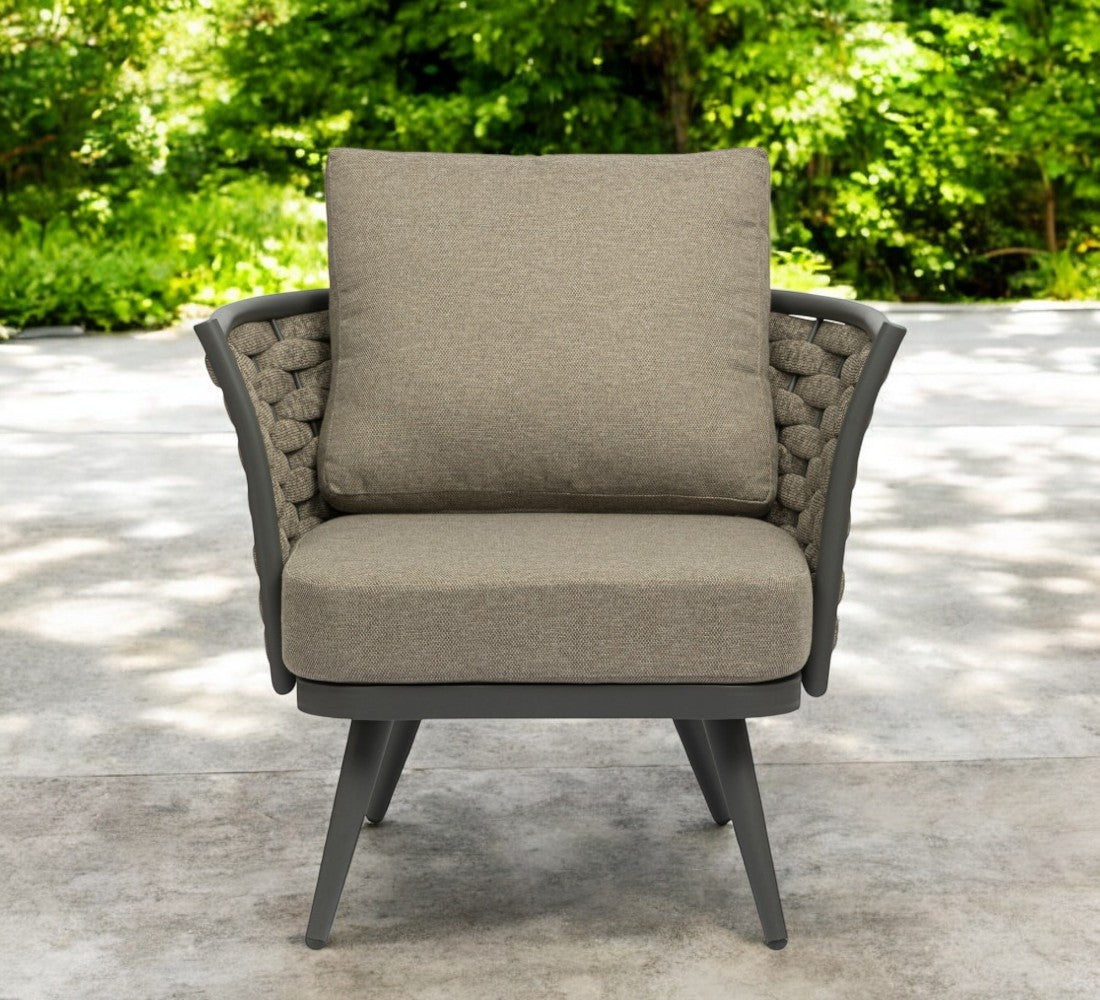32" Gray And Taupe Woven Aluminum Outdoor Arm Chair with Taupe Cushion-Outdoor Chairs-DECOROLALA