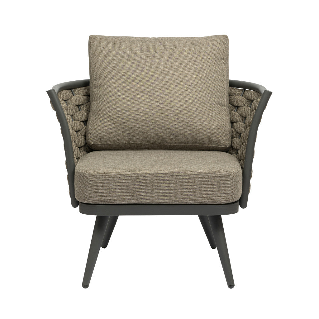 32" Gray And Taupe Woven Aluminum Outdoor Arm Chair with Taupe Cushion-Outdoor Chairs-DECOROLALA