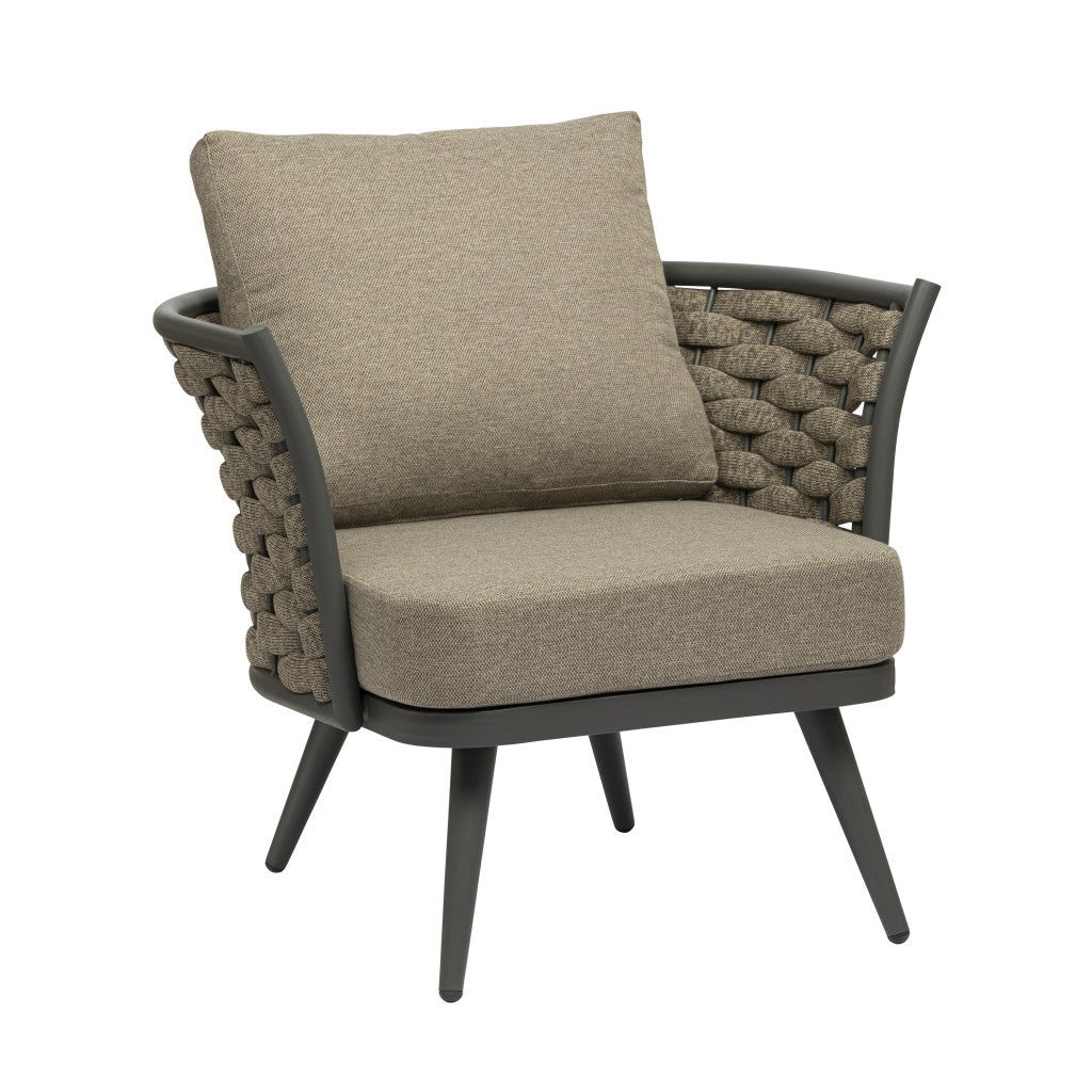 32" Gray And Taupe Woven Aluminum Outdoor Arm Chair with Taupe Cushion-Outdoor Chairs-DECOROLALA