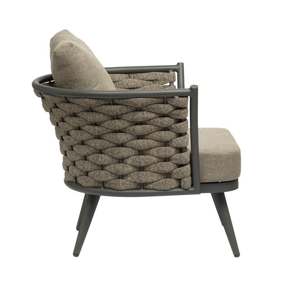 32" Gray And Taupe Woven Aluminum Outdoor Arm Chair with Taupe Cushion-Outdoor Chairs-DECOROLALA