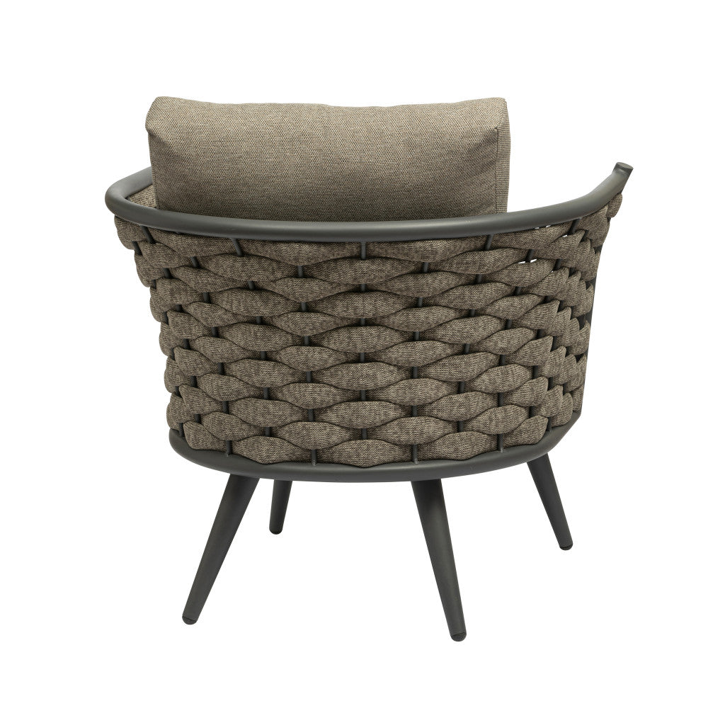 32" Gray And Taupe Woven Aluminum Outdoor Arm Chair with Taupe Cushion-Outdoor Chairs-DECOROLALA