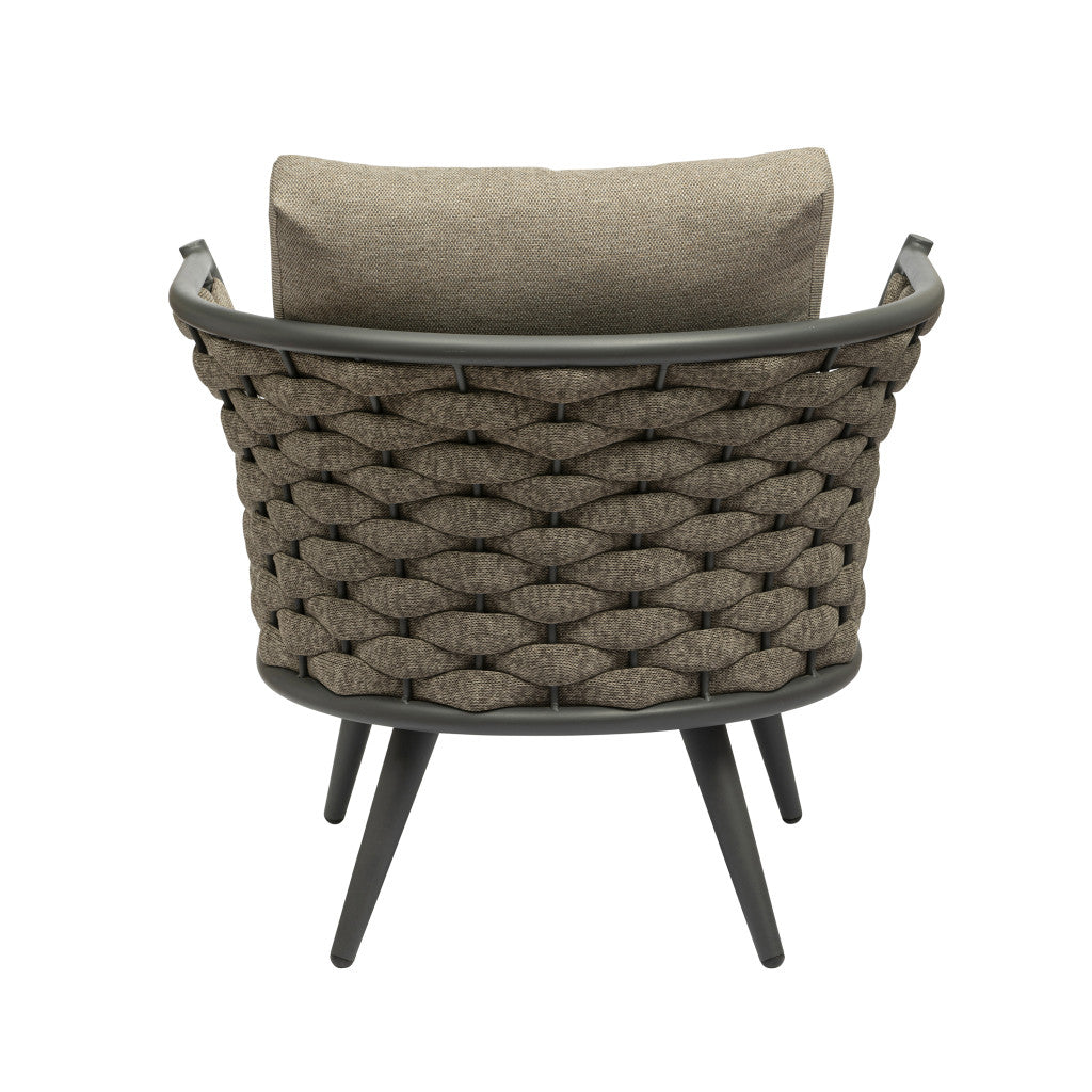 32" Gray And Taupe Woven Aluminum Outdoor Arm Chair with Taupe Cushion-Outdoor Chairs-DECOROLALA