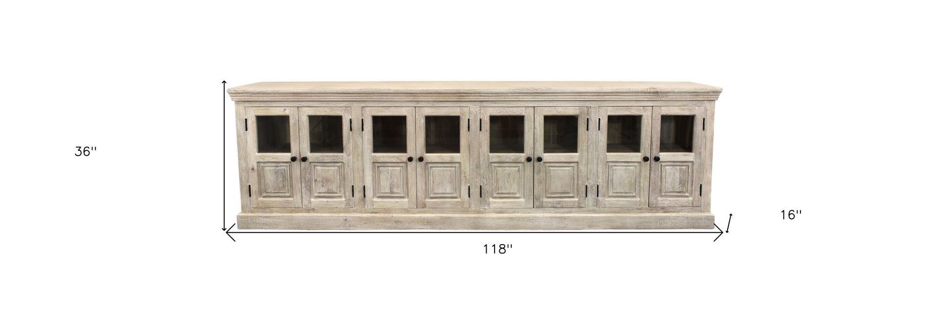 118" Antiqued White Distressed Solid Wood Sideboard with 8 Glass Doors-Sideboards-DECOROLALA