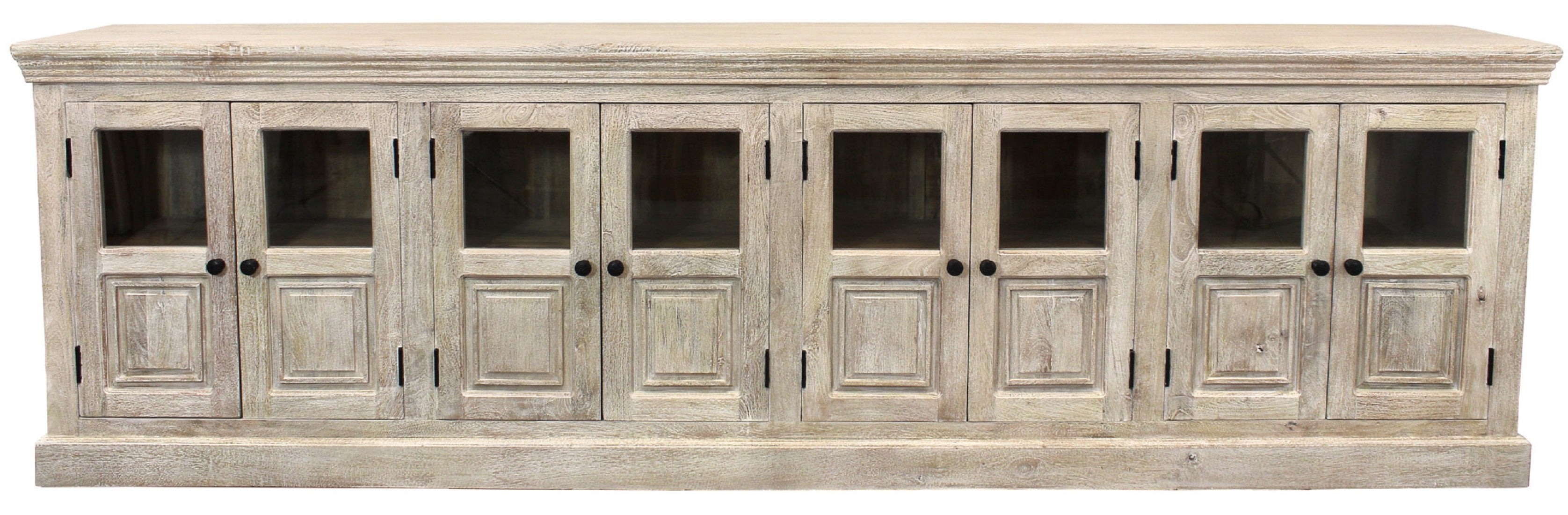118" Antiqued White Distressed Solid Wood Sideboard with 8 Glass Doors-Sideboards-DECOROLALA
