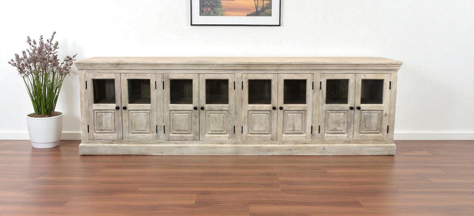 118" Antiqued White Distressed Solid Wood Sideboard with 8 Glass Doors-Sideboards-DECOROLALA