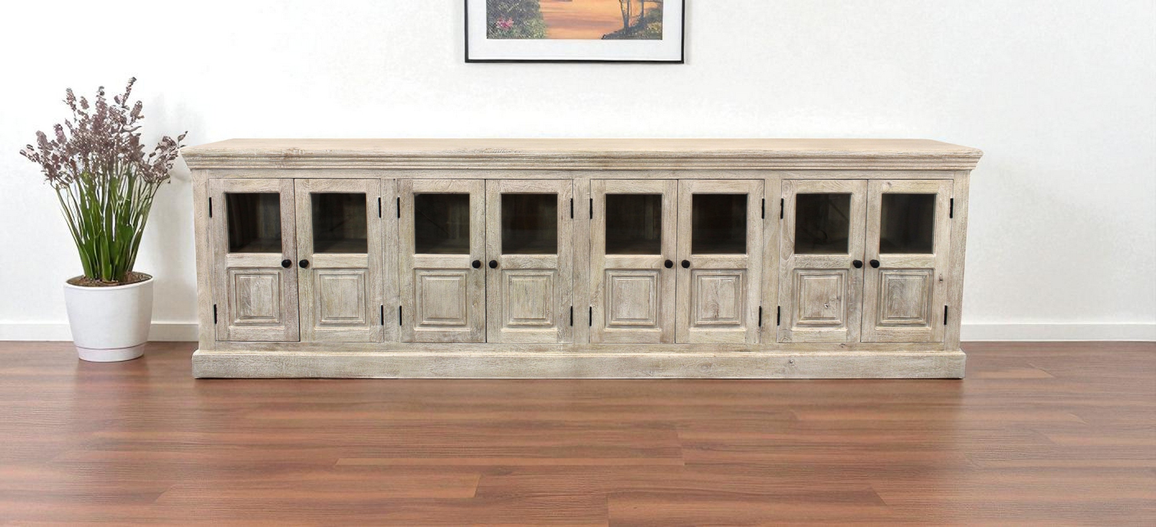 118" Antiqued White Distressed Solid Wood Sideboard with 8 Glass Doors-Sideboards-DECOROLALA