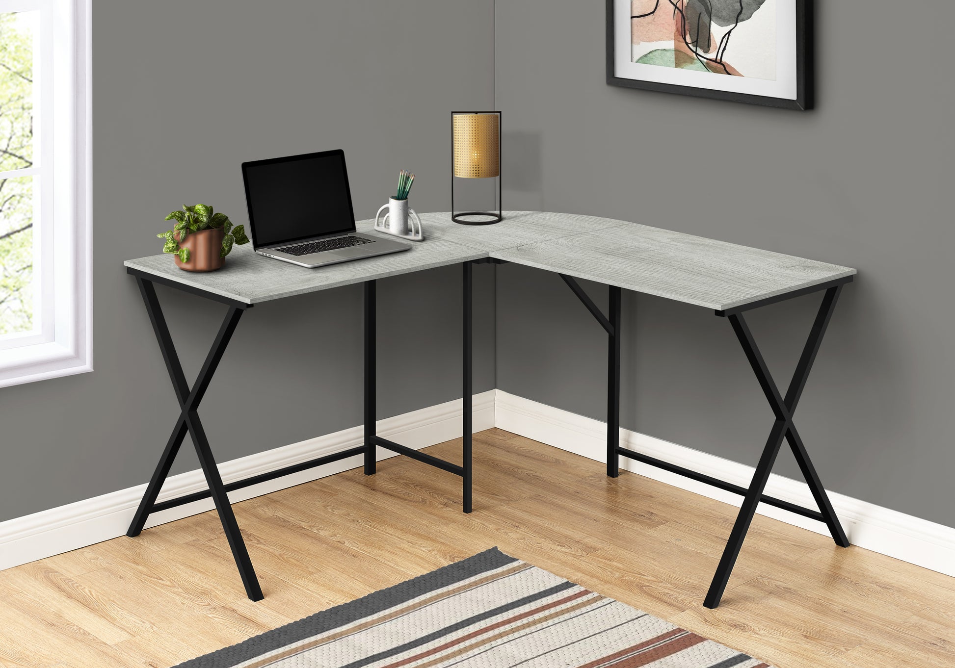 55"L L-Shaped Computer Desk, White/Black-Computer Desk-DECOROLALA