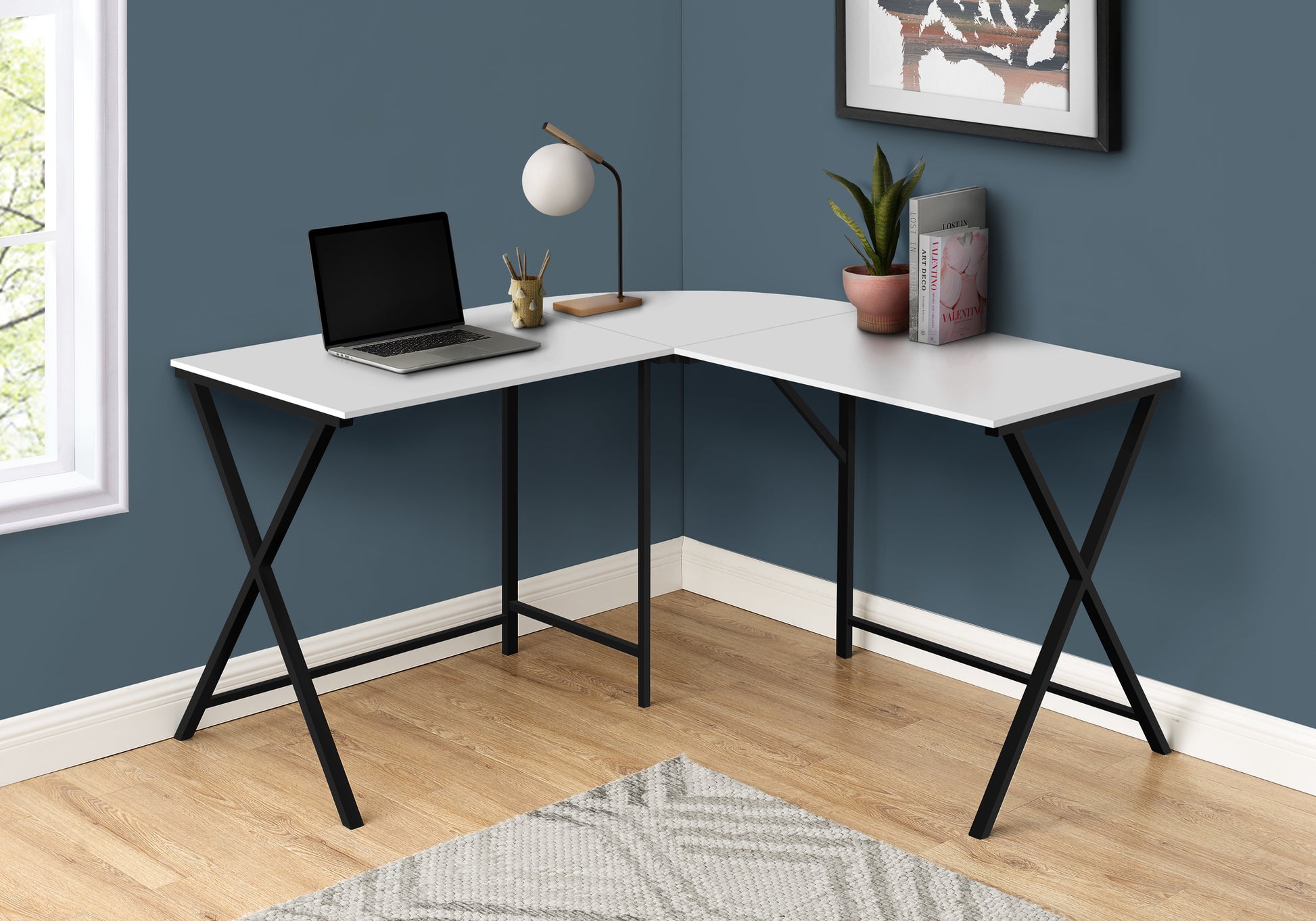 55"L L-Shaped Computer Desk, White/Black-Computer Desk-DECOROLALA