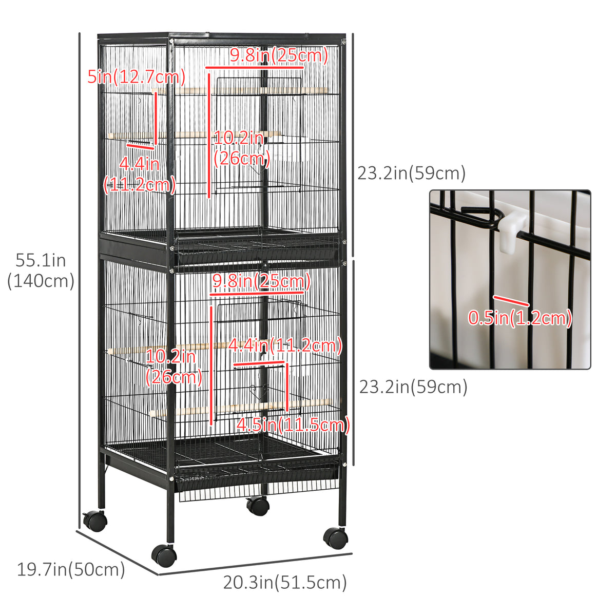 55.1" 2-in-1 Stackable Bird Cage with Rolling Stand - Black-Birds-DECOROLALA