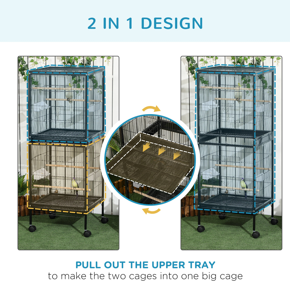 55.1" 2-in-1 Stackable Bird Cage with Rolling Stand - Black-Birds-DECOROLALA