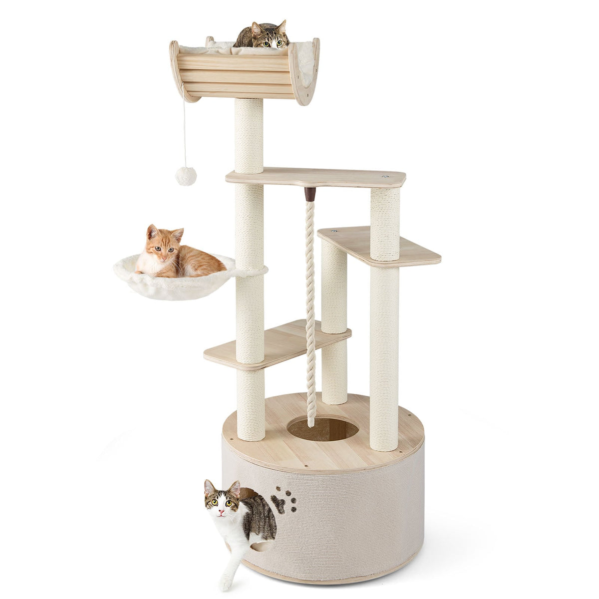55.5 Inches Tall Wooden Cat Tree with Washable Plush Cushions for Indoor Cats-Cat Trees & Scratchers-DECOROLALA