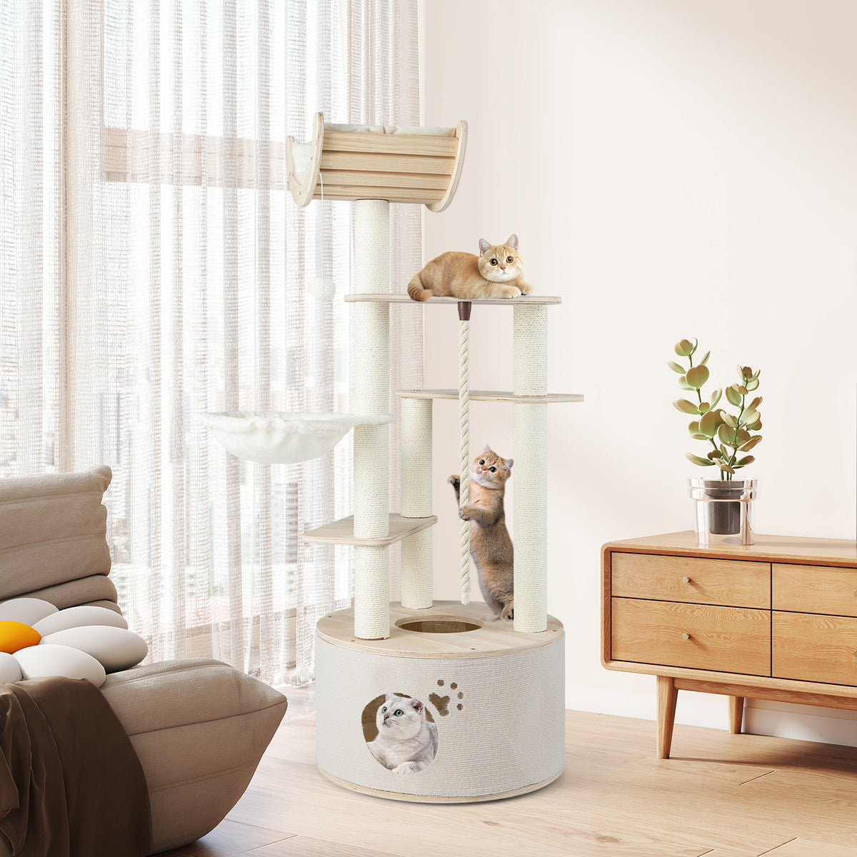 55.5 Inches Tall Wooden Cat Tree with Washable Plush Cushions for Indoor Cats-Cat Trees & Scratchers-DECOROLALA