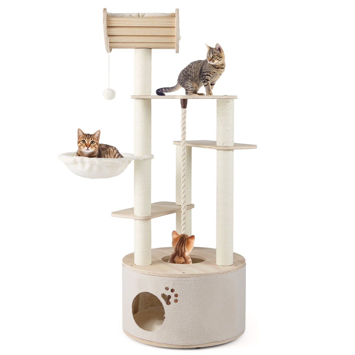55.5 Inches Tall Wooden Cat Tree with Washable Plush Cushions for Indoor Cats-Cat Trees & Scratchers-DECOROLALA