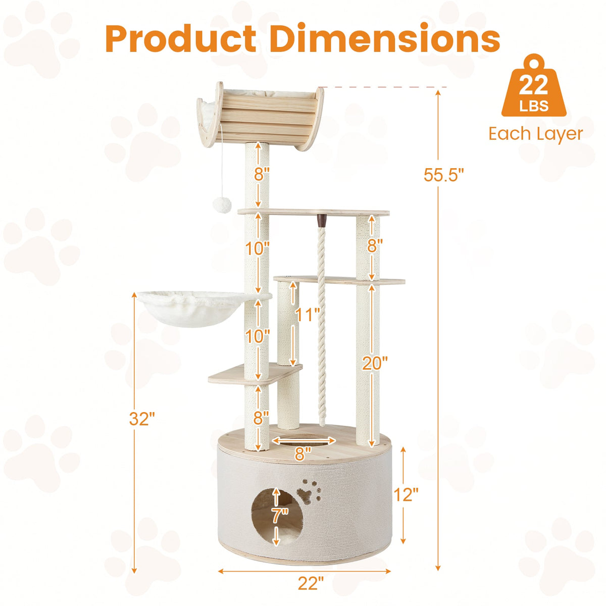 55.5 Inches Tall Wooden Cat Tree with Washable Plush Cushions for Indoor Cats-Cat Trees & Scratchers-DECOROLALA