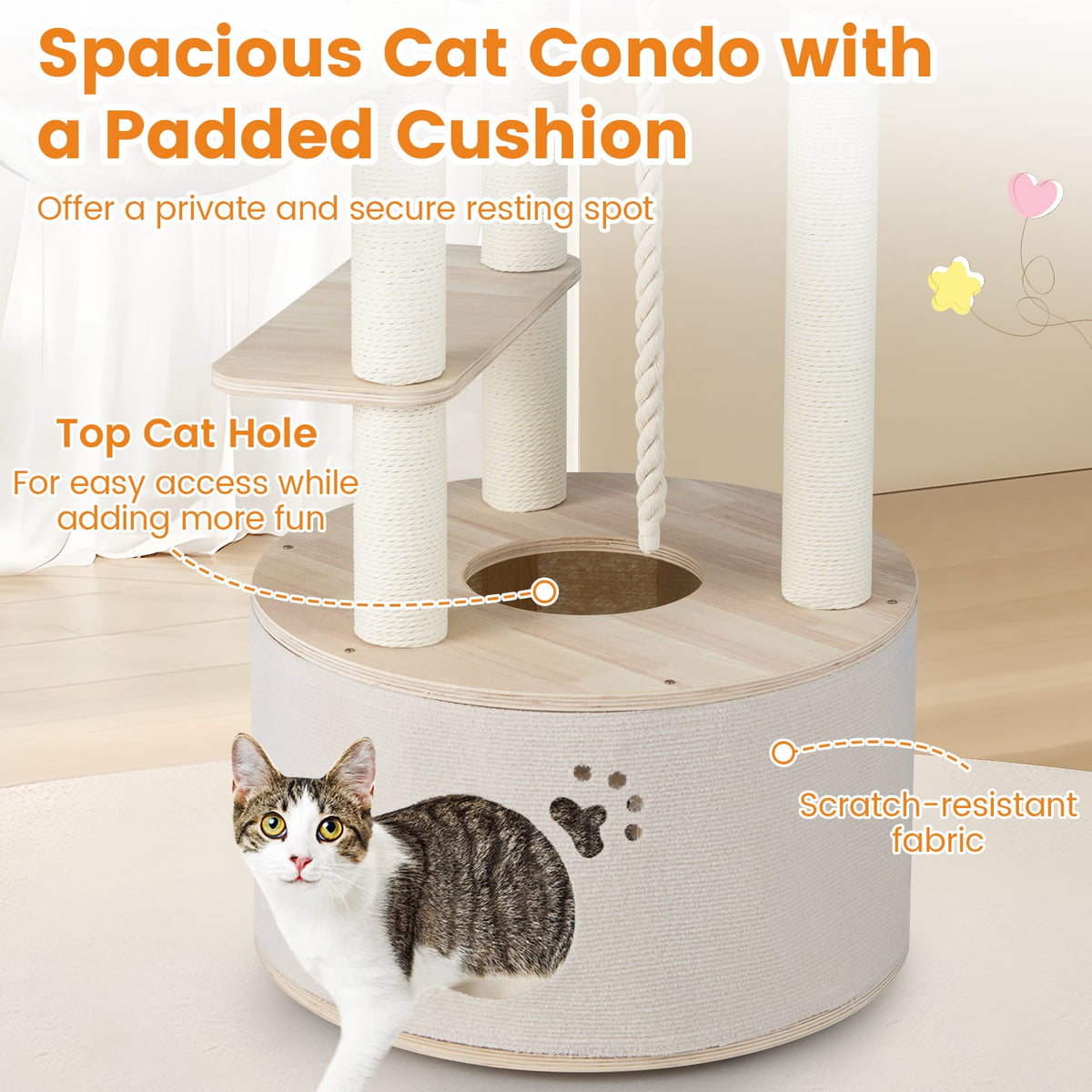 55.5 Inches Tall Wooden Cat Tree with Washable Plush Cushions for Indoor Cats-Cat Trees & Scratchers-DECOROLALA