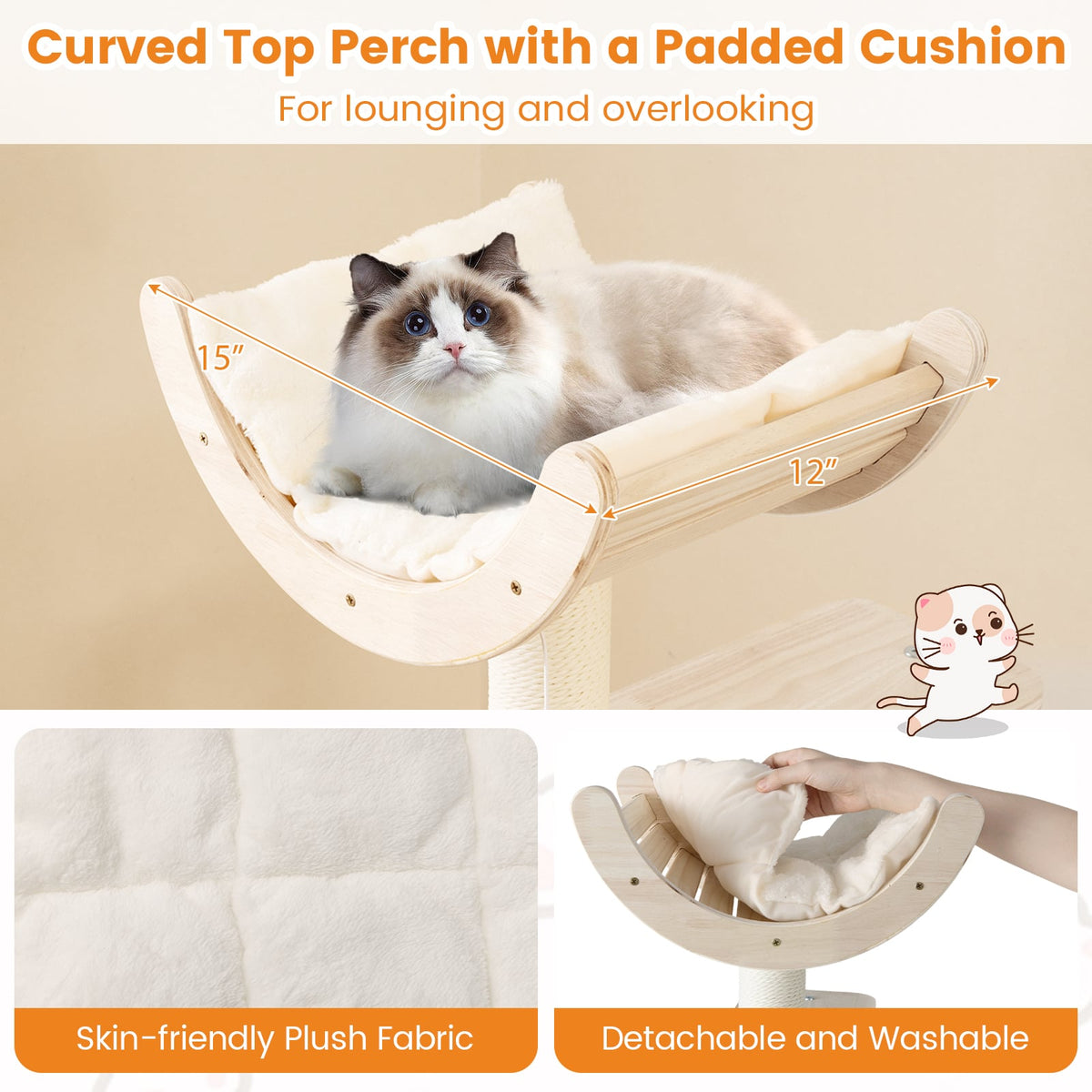 55.5 Inches Tall Wooden Cat Tree with Washable Plush Cushions for Indoor Cats-Cat Trees & Scratchers-DECOROLALA