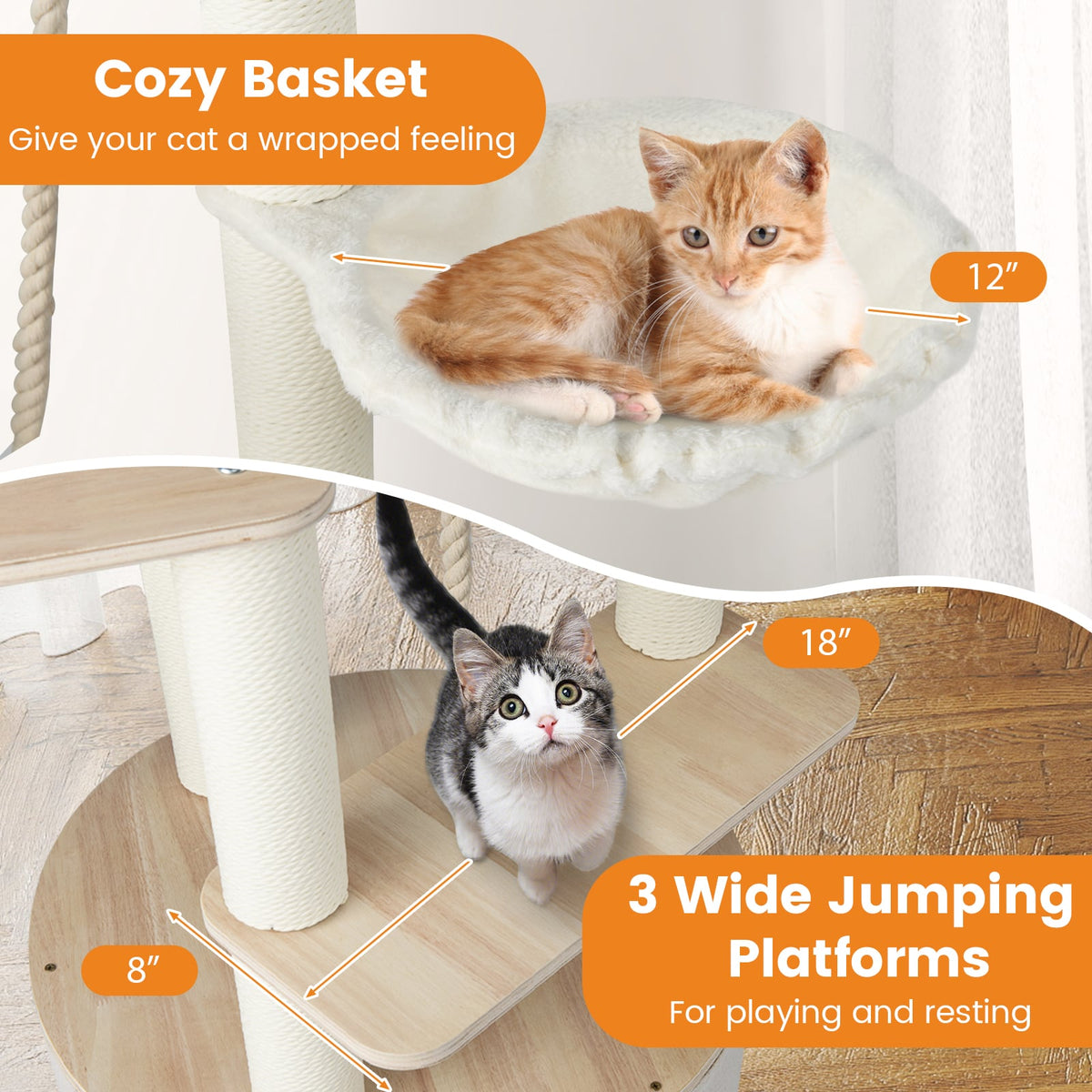 55.5 Inches Tall Wooden Cat Tree with Washable Plush Cushions for Indoor Cats-Cat Trees & Scratchers-DECOROLALA