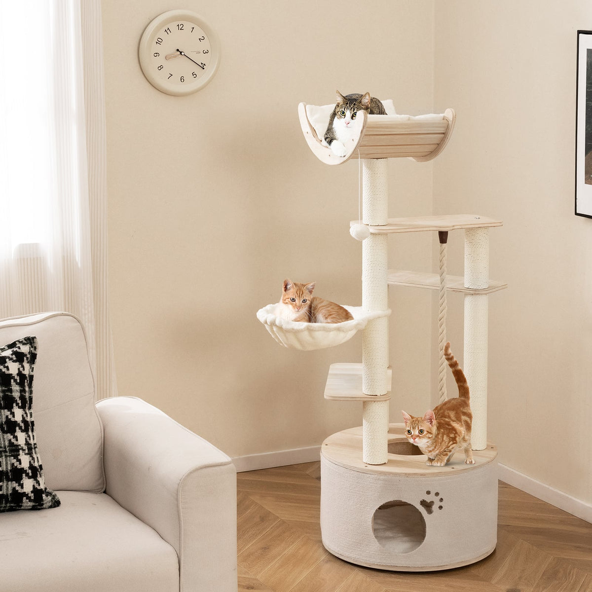 55.5 Inches Tall Wooden Cat Tree with Washable Plush Cushions for Indoor Cats-Cat Trees & Scratchers-DECOROLALA