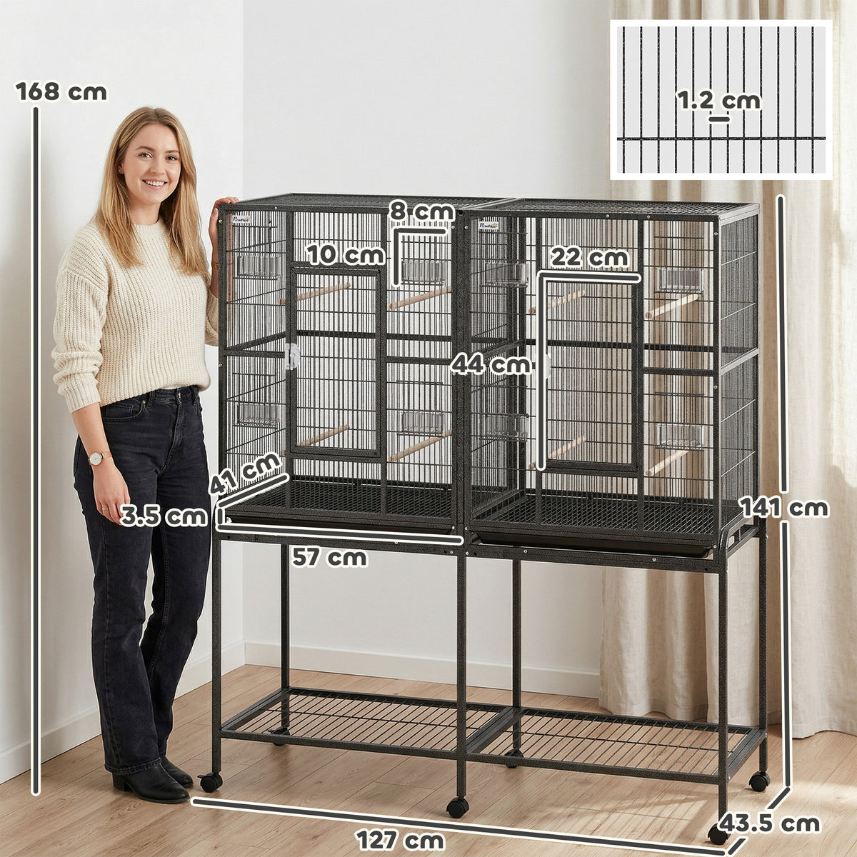56" Bird Cage with Rolling Stand and Storage Shelf - Black-Birds-DECOROLALA