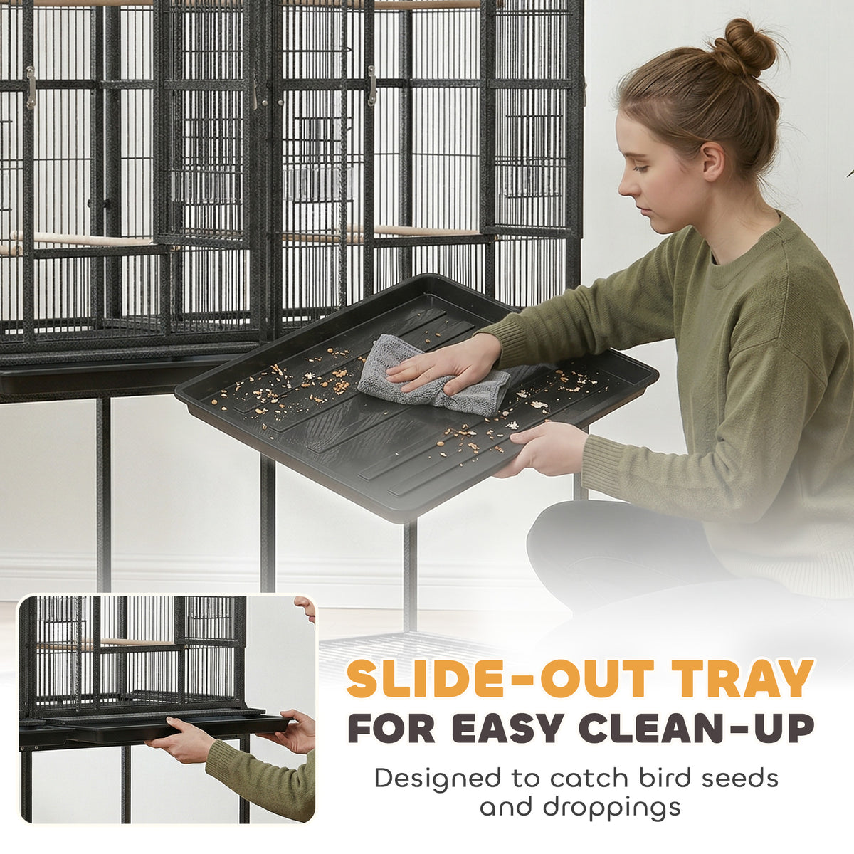 56" Bird Cage with Rolling Stand and Storage Shelf - Black-Birds-DECOROLALA