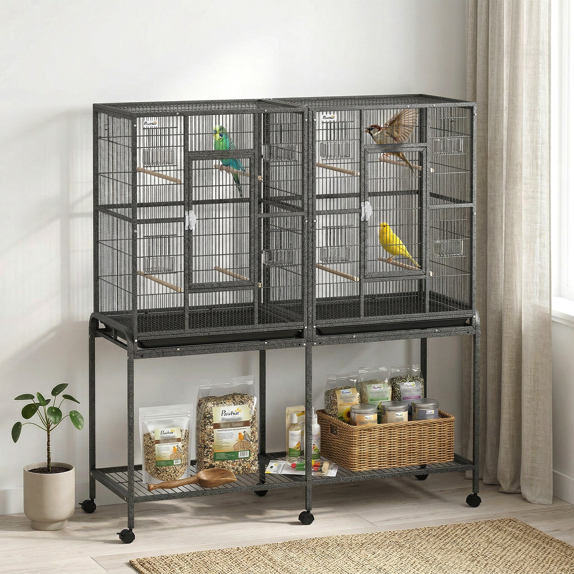 56" Bird Cage with Rolling Stand and Storage Shelf - Black-Birds-DECOROLALA