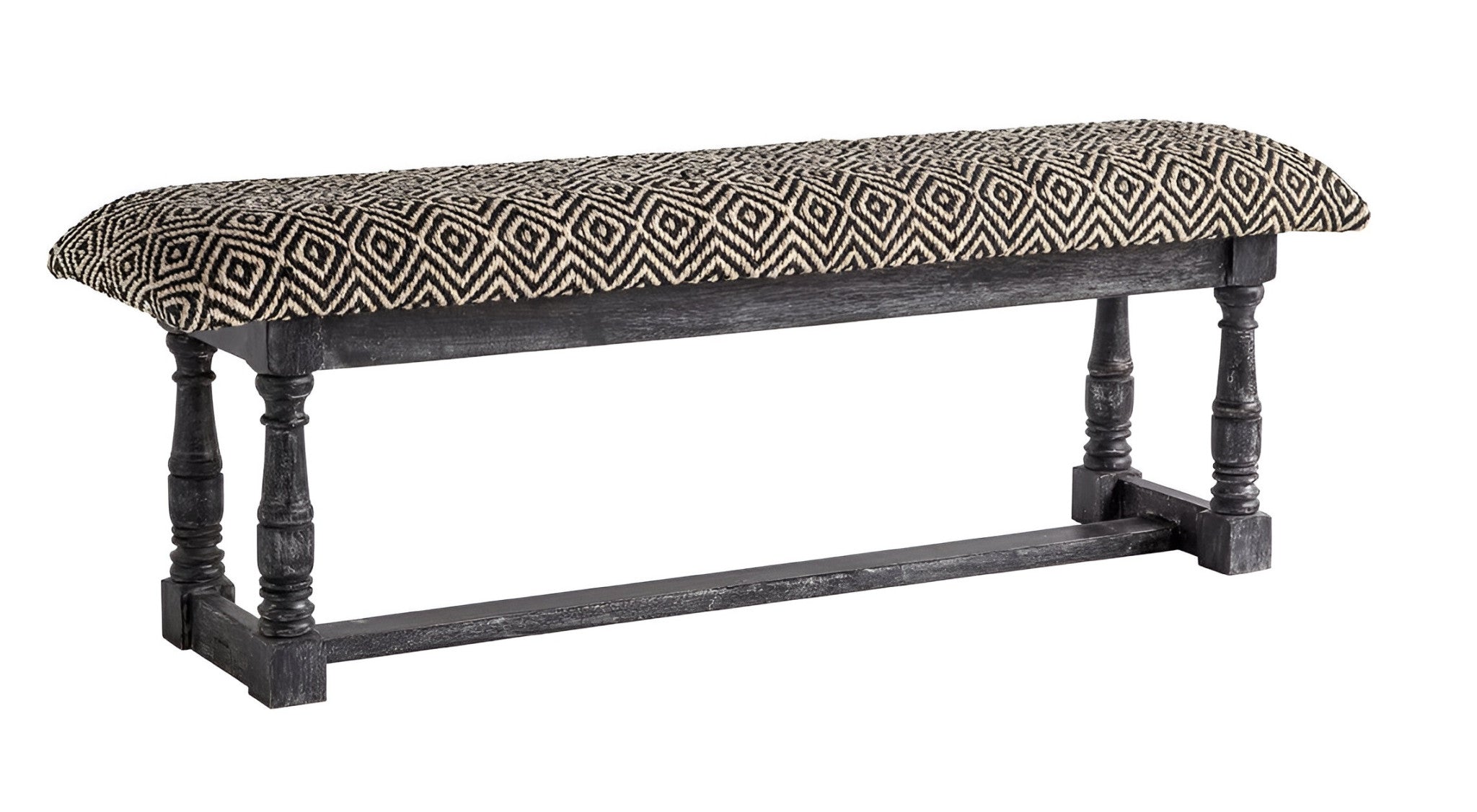 56" Black and White and Gray Upholstered Cotton Blend Trellis Bench-Benches-DECOROLALA