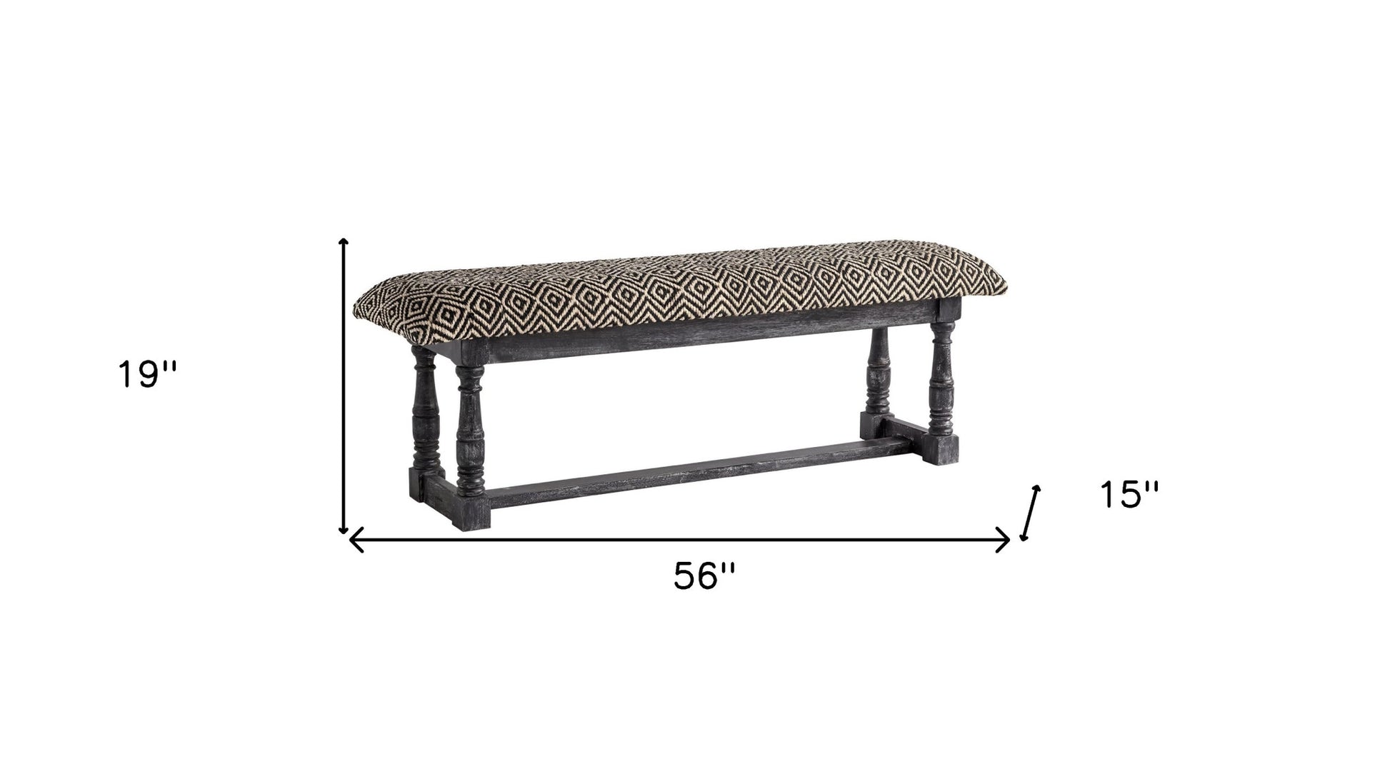 56" Black and White and Gray Upholstered Cotton Blend Trellis Bench-Benches-DECOROLALA
