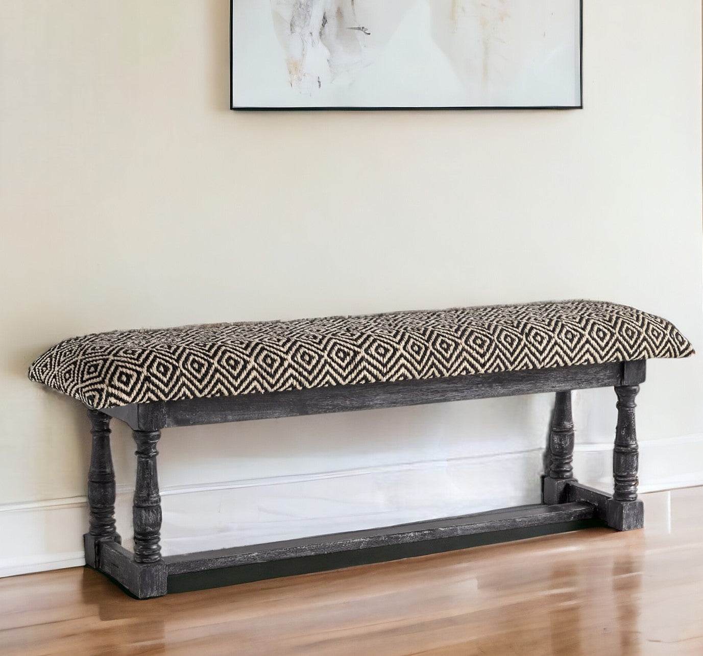 56" Black and White and Gray Upholstered Cotton Blend Trellis Bench-Benches-DECOROLALA