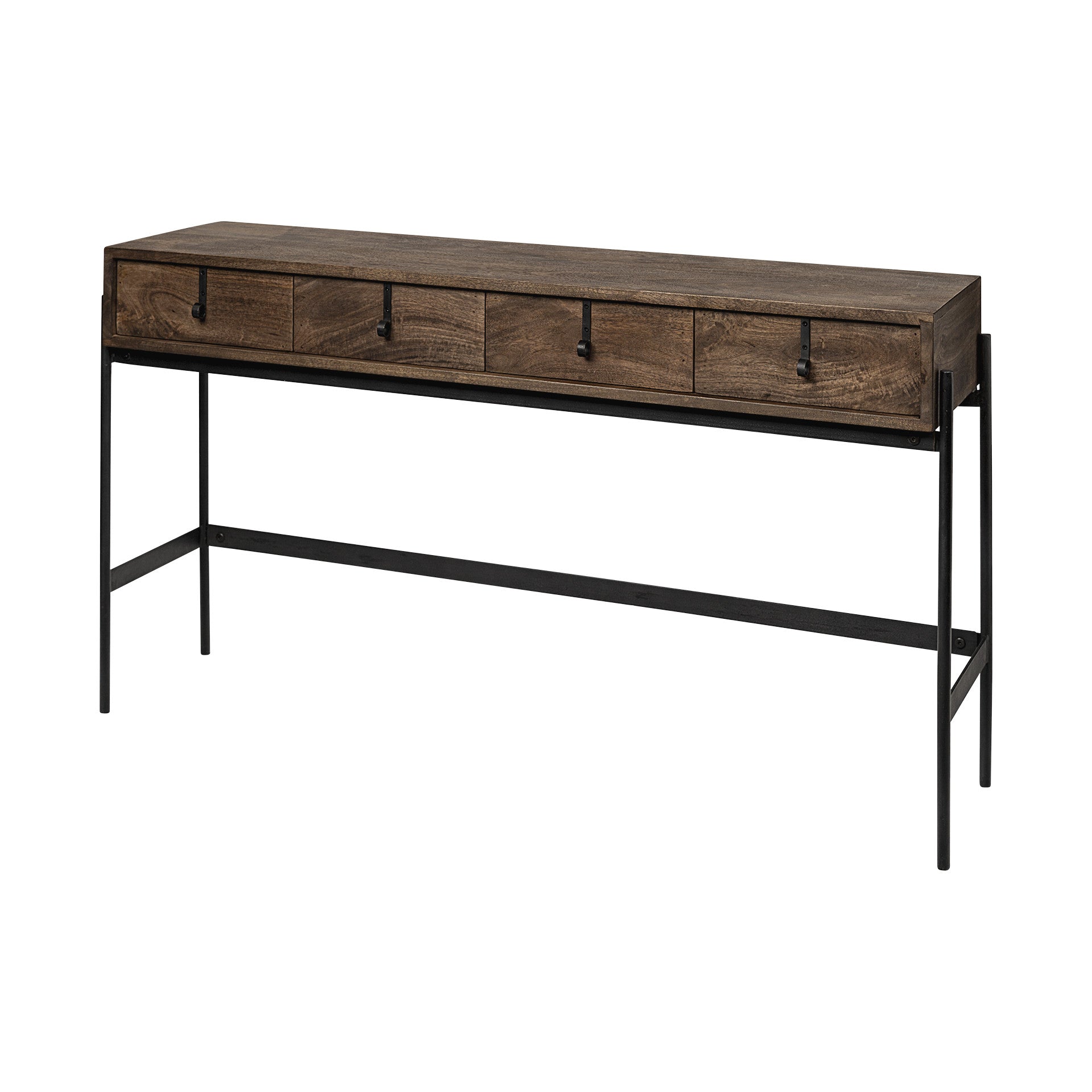 56" Brown and Black Solid Wood and Metal Console Table With Four Drawers-Console Tables-DECOROLALA