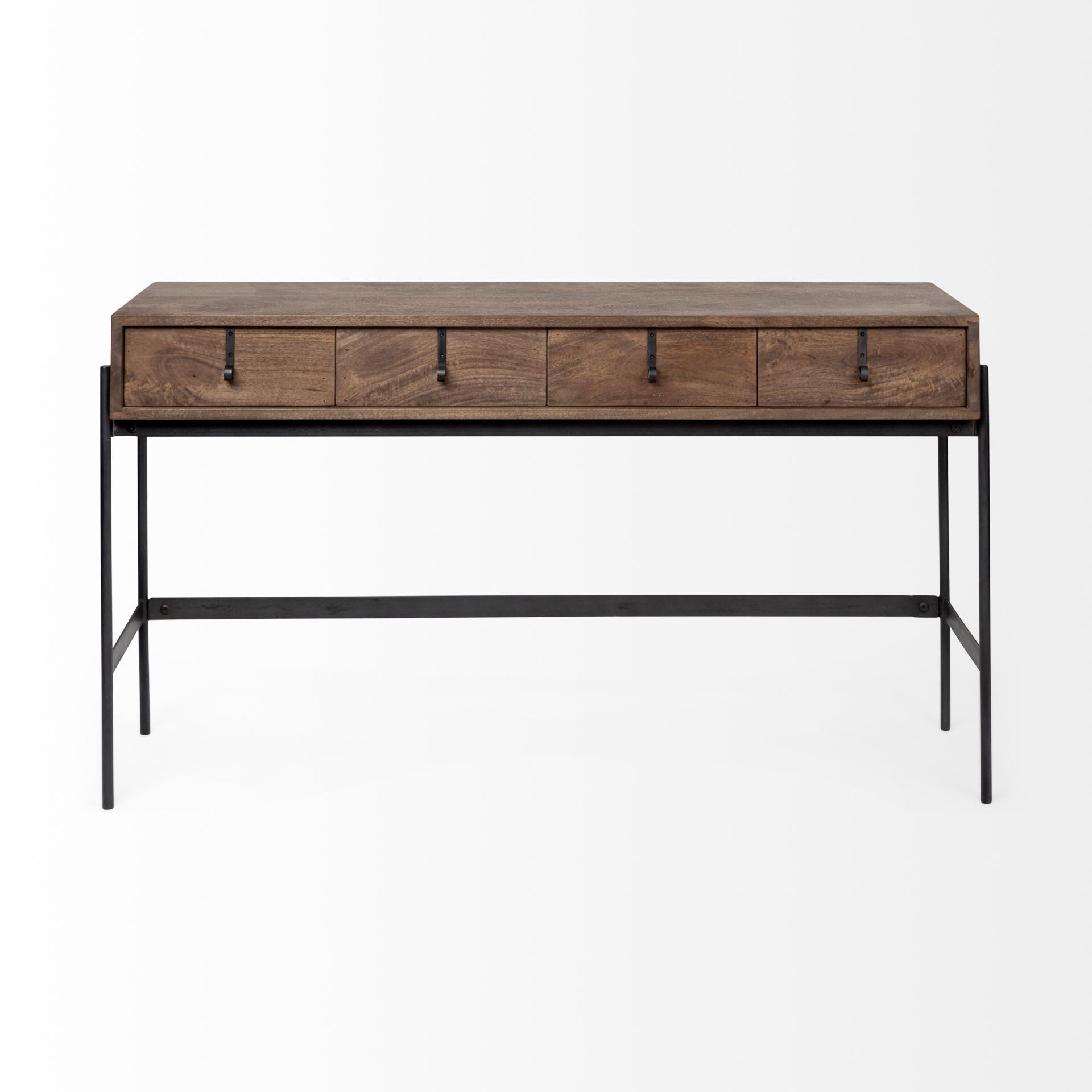 56" Brown and Black Solid Wood and Metal Console Table With Four Drawers-Console Tables-DECOROLALA