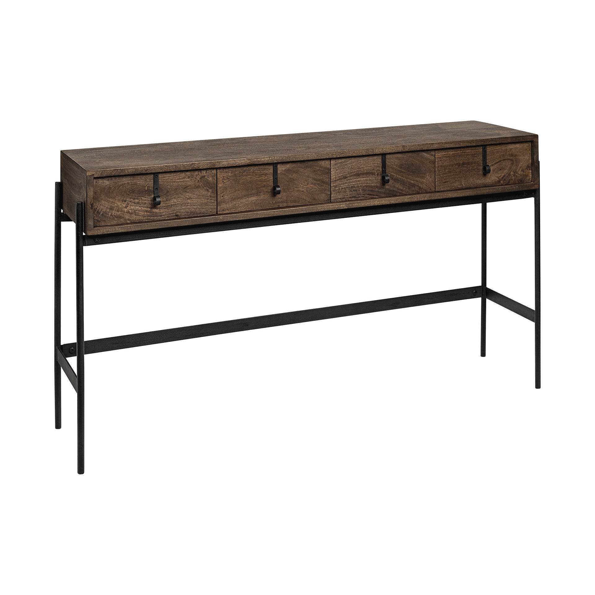 56" Brown and Black Solid Wood and Metal Console Table With Four Drawers-Console Tables-DECOROLALA