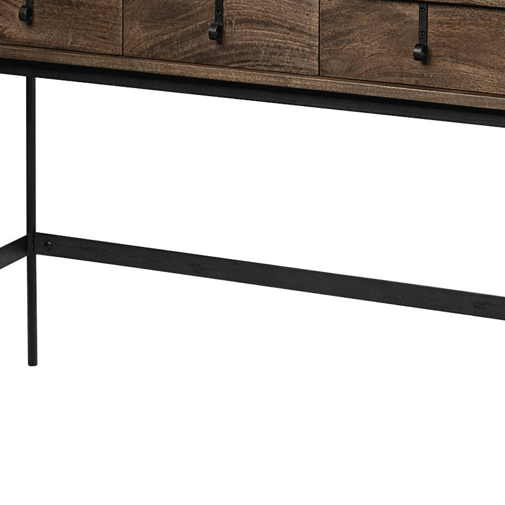 56" Brown and Black Solid Wood and Metal Console Table With Four Drawers-Console Tables-DECOROLALA