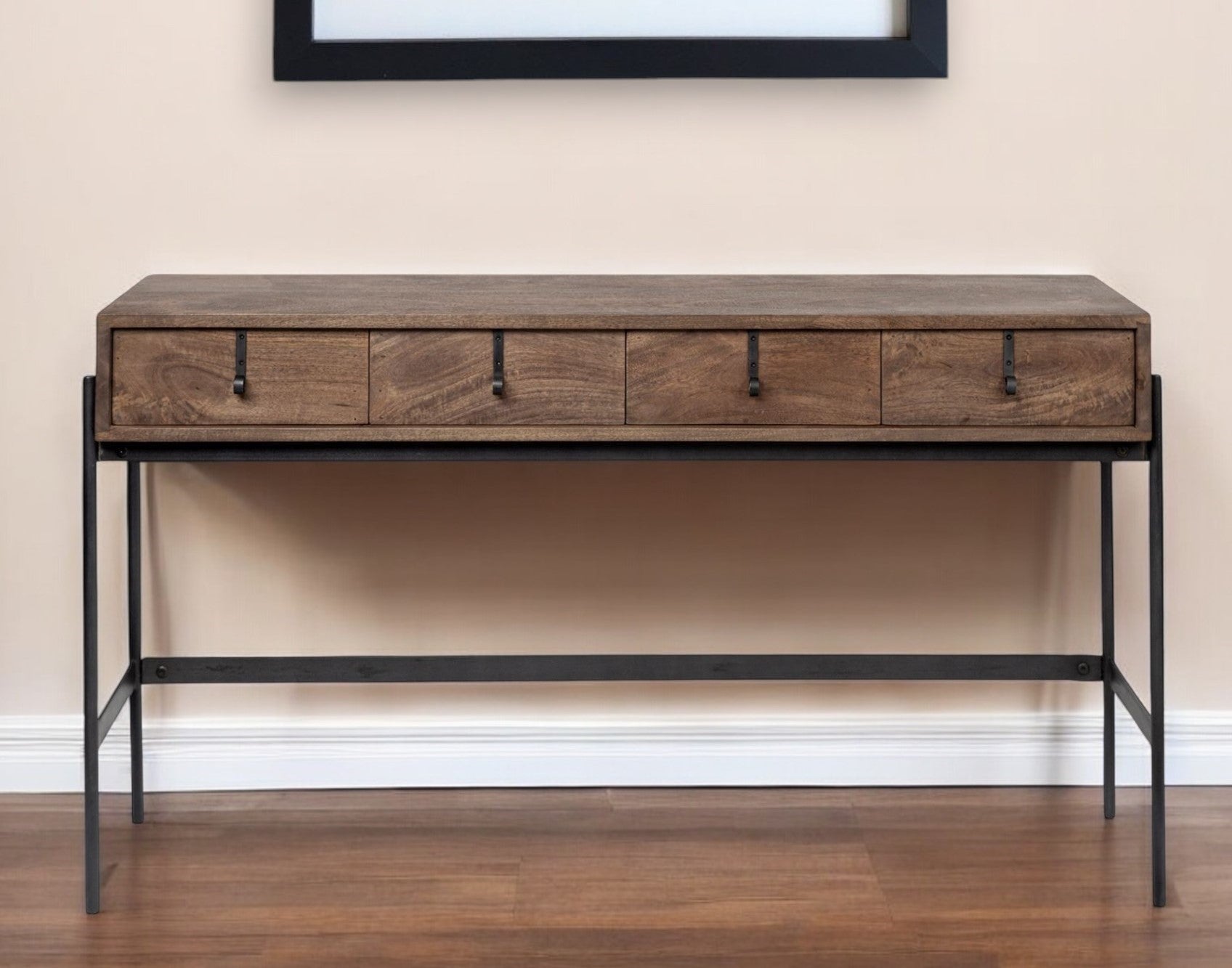 56" Brown and Black Solid Wood and Metal Console Table With Four Drawers-Console Tables-DECOROLALA