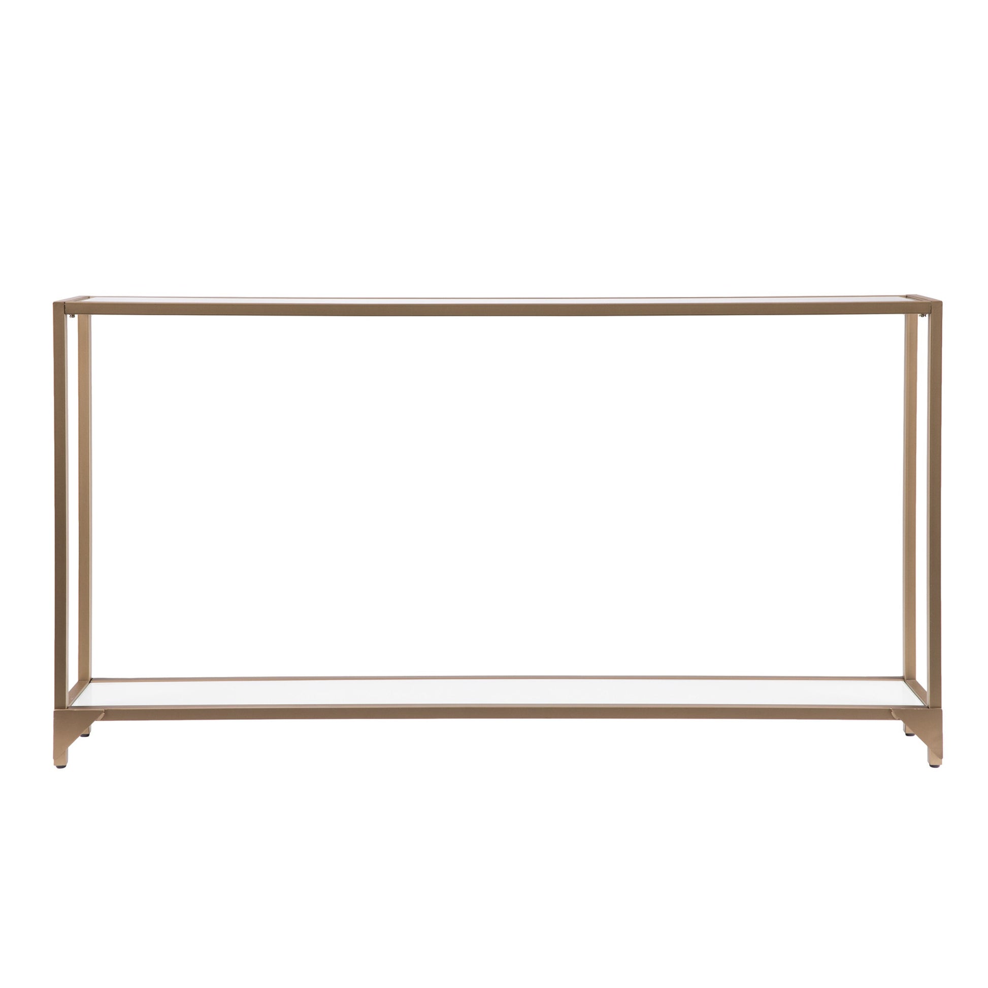 56" Clear and Gold Glass Mirrored Frame Console Table With Shelves-Console Tables-DECOROLALA