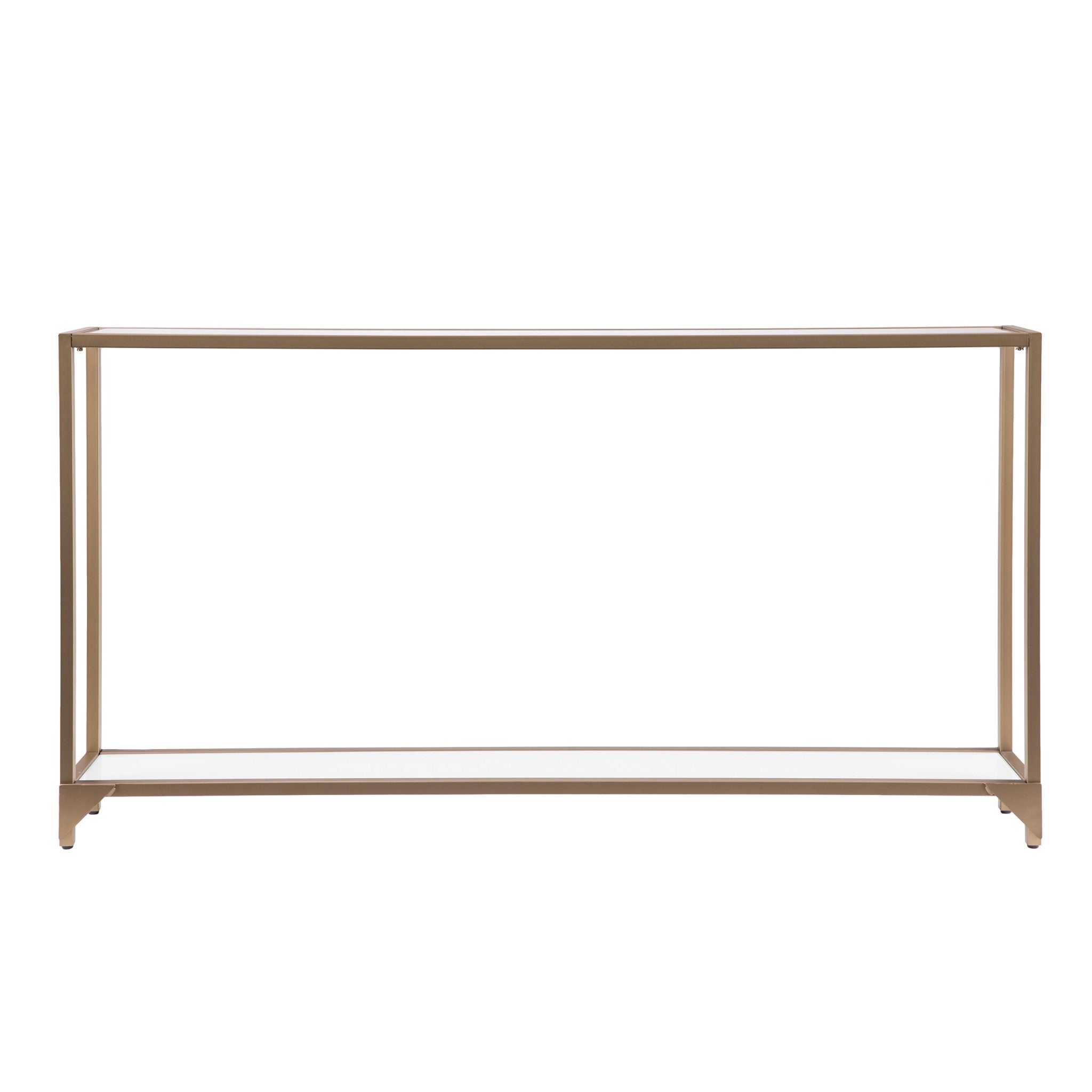 56" Clear and Gold Glass Mirrored Frame Console Table With Shelves-Console Tables-DECOROLALA