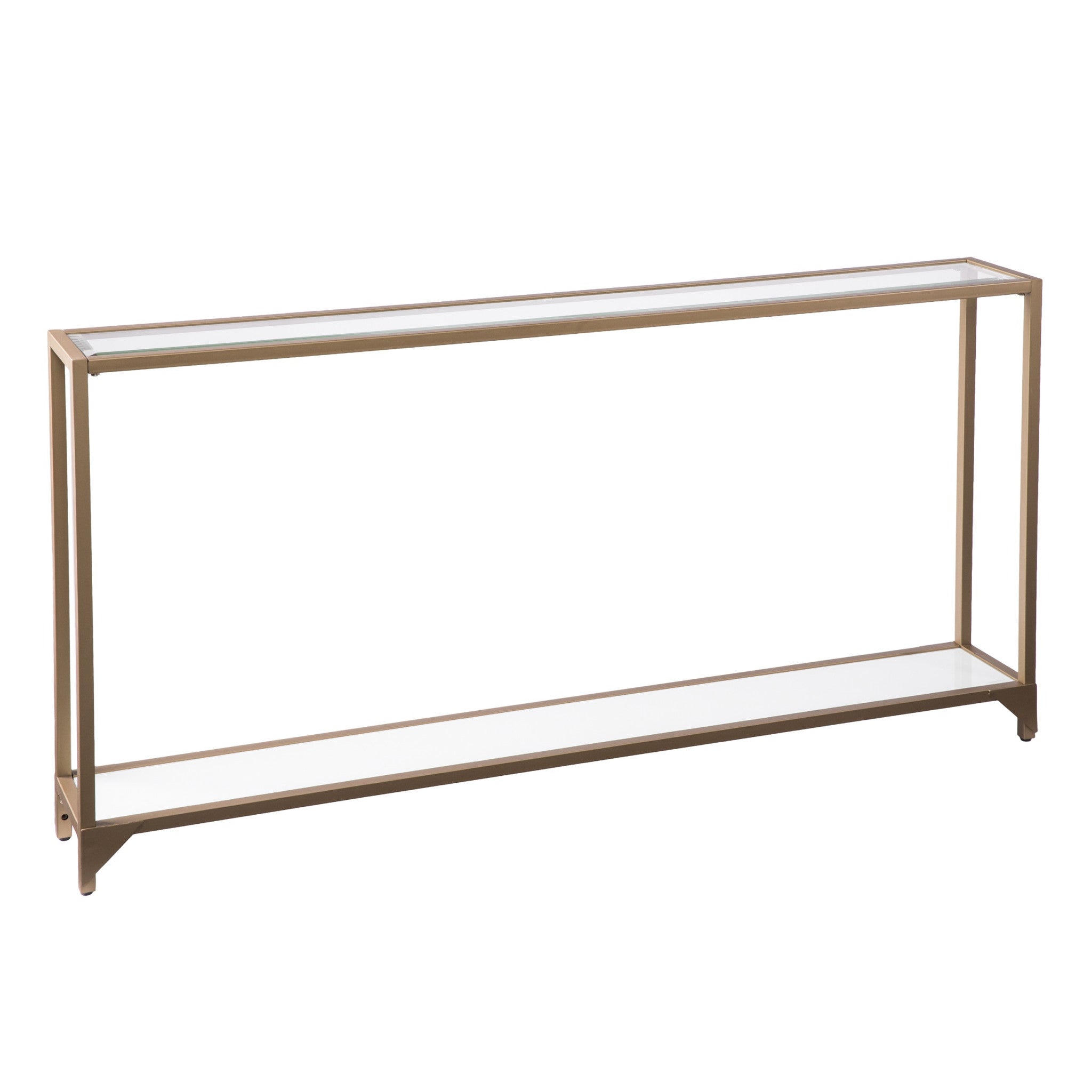 56" Clear and Gold Glass Mirrored Frame Console Table With Shelves-Console Tables-DECOROLALA