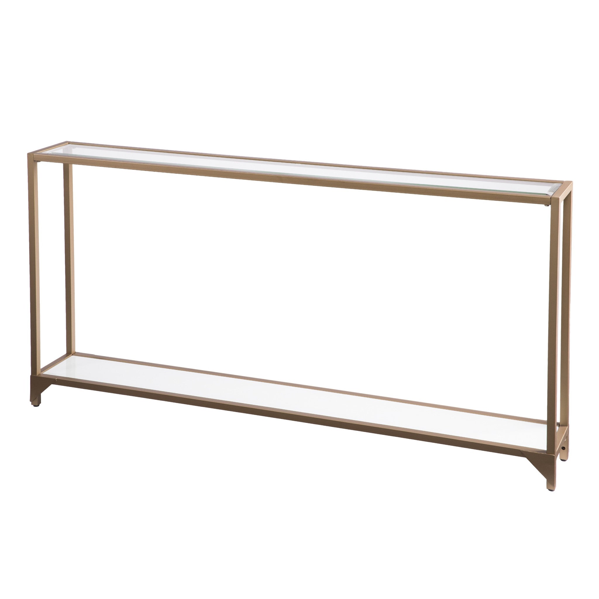 56" Clear and Gold Glass Mirrored Frame Console Table With Shelves-Console Tables-DECOROLALA