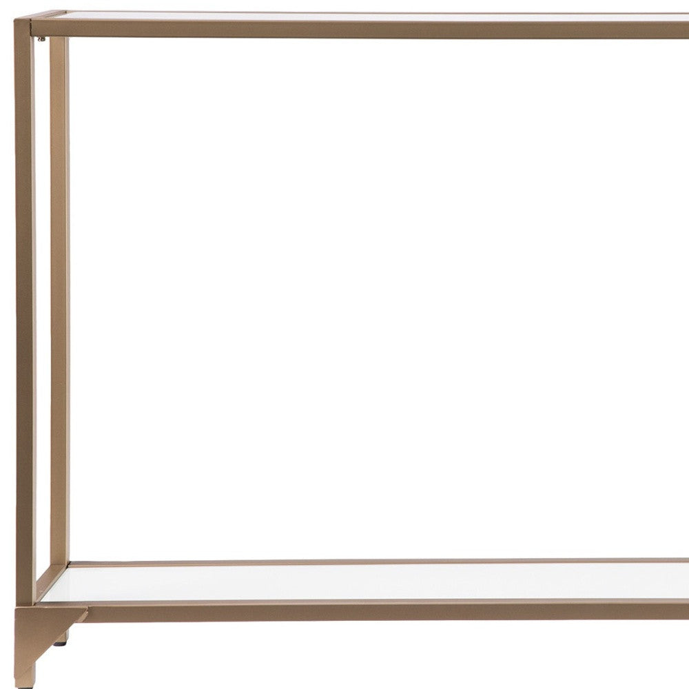 56" Clear and Gold Glass Mirrored Frame Console Table With Shelves-Console Tables-DECOROLALA