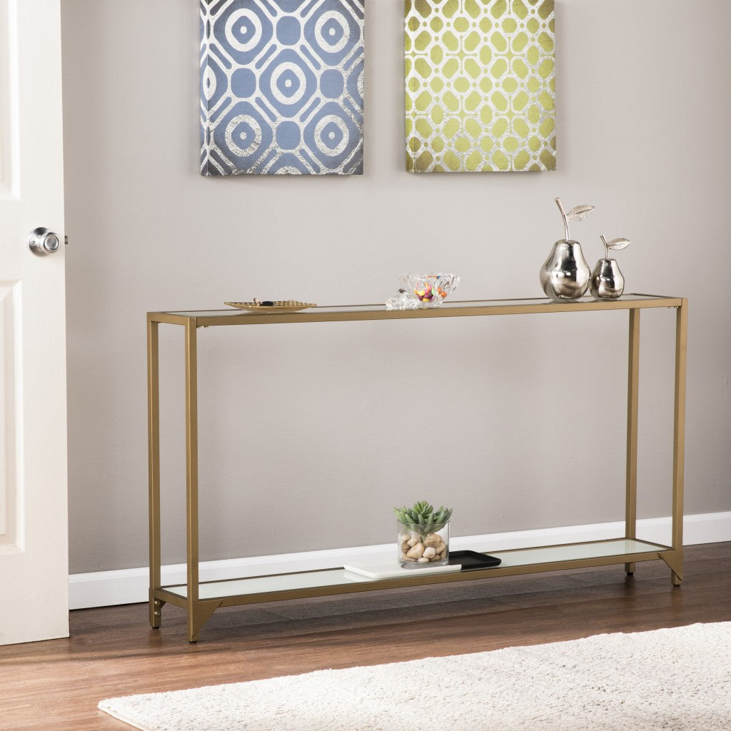 56" Clear and Gold Glass Mirrored Frame Console Table With Shelves-Console Tables-DECOROLALA